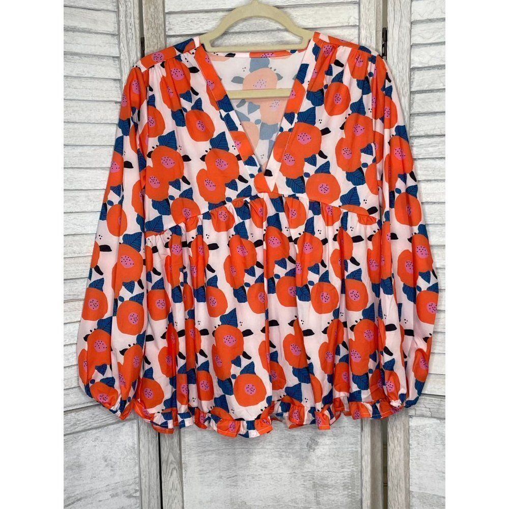 Orange Floral Print Top Long Sleeve Size Medium NEW